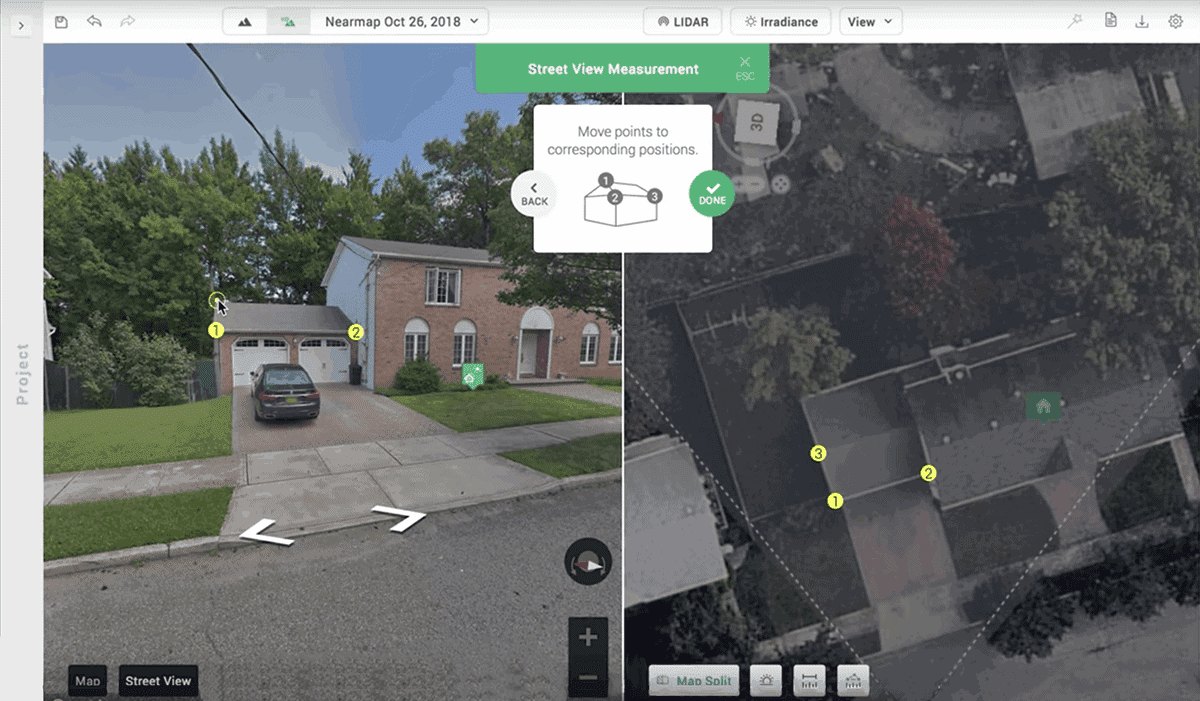 Aurora Solar's Street View Ruler has numbered points to line up measurements from different perspectives