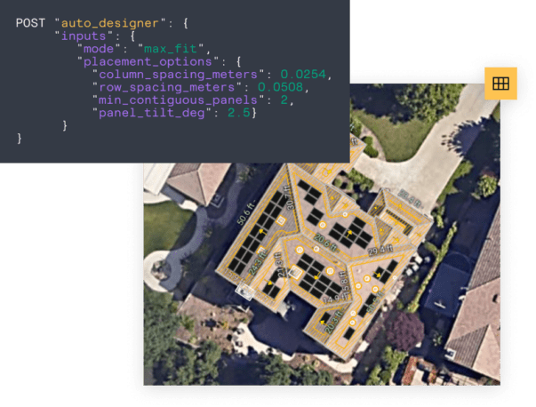 Aerial view of a solar panel layout design overlaid on a residential roof using a computer software interface for optimal placement.