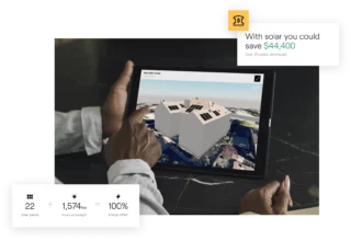 Person browsing a solar installation plan on a tablet, with data on savings highlighted.